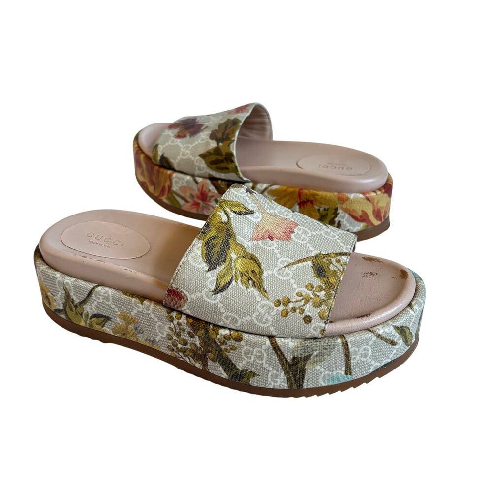 Gucci Angelina Platform Slide Sandals Beige GG Monogram Floral Canvas Size EU 38